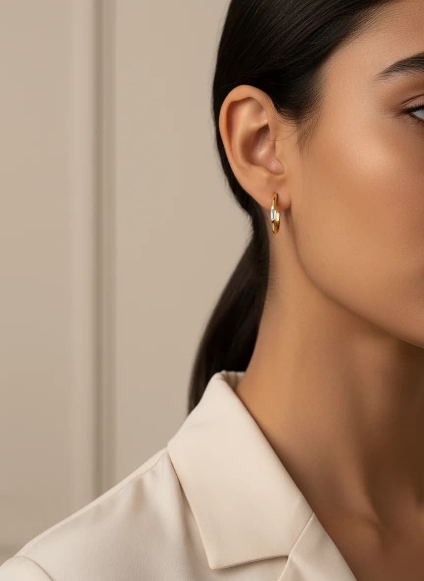 Altın Renk Baget Taşlı Zarif Halka Küpe