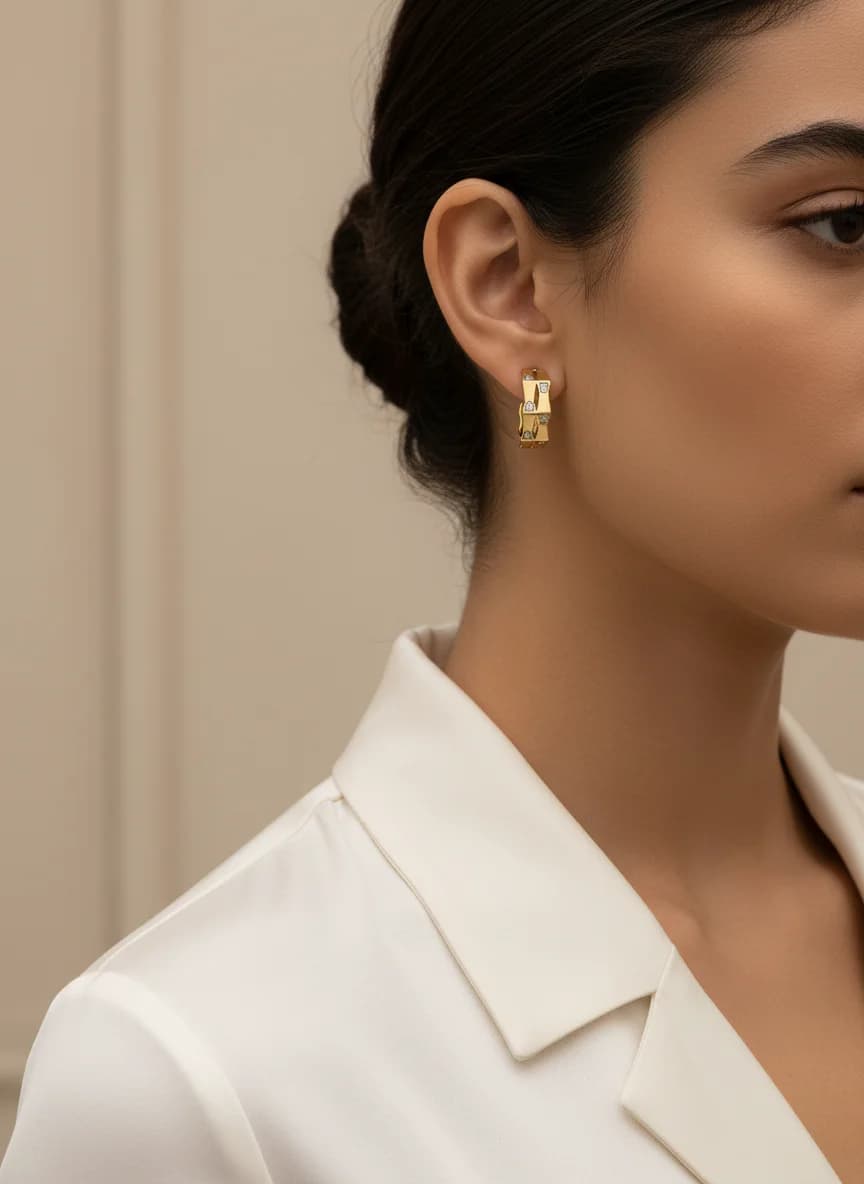 Geometrik Altın Rengi Taşlı Modern Halka Küpe