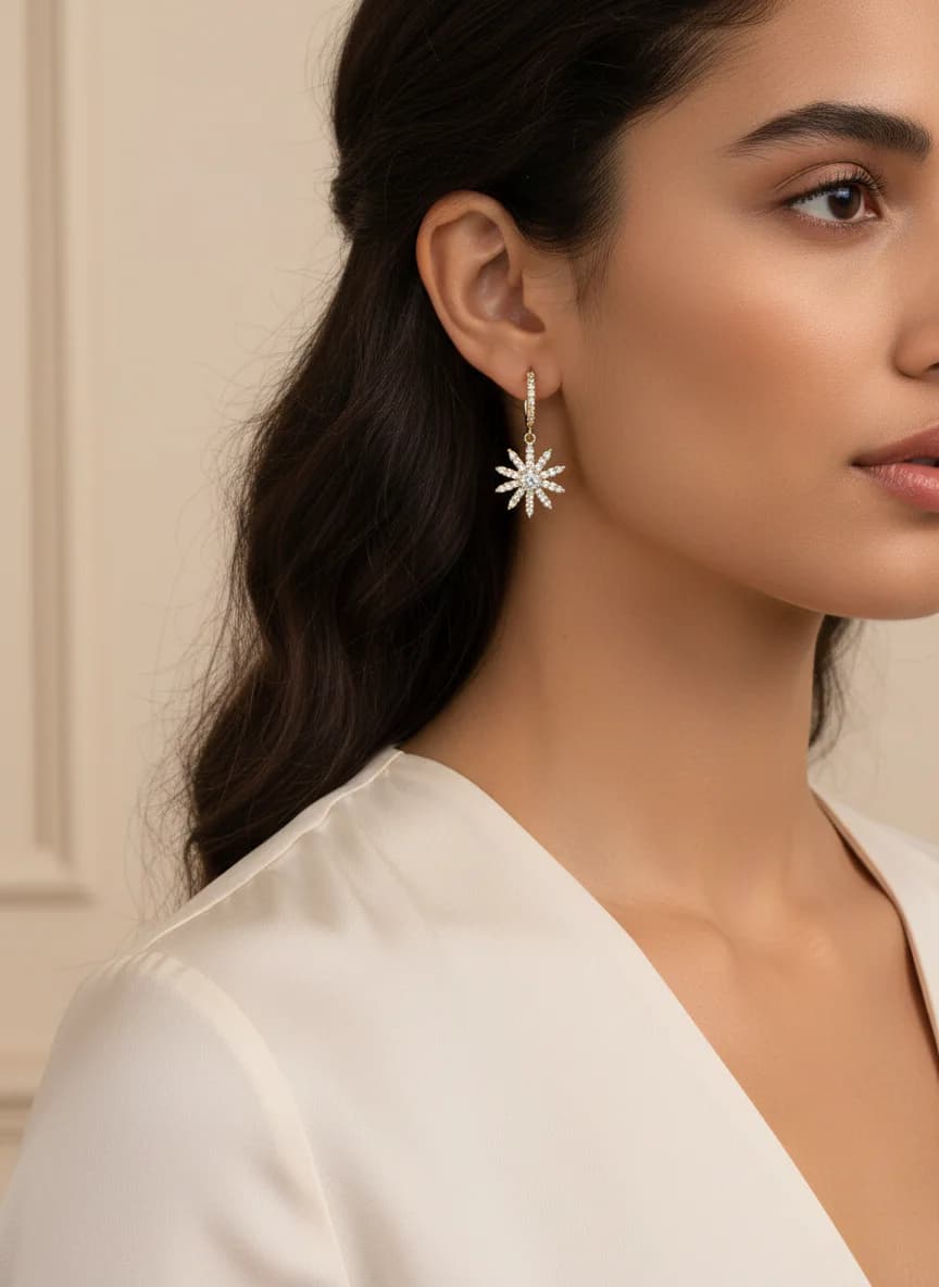 Parlak Zirkon Taşlı Altın Rengi Yıldız Sallantılı Küpe