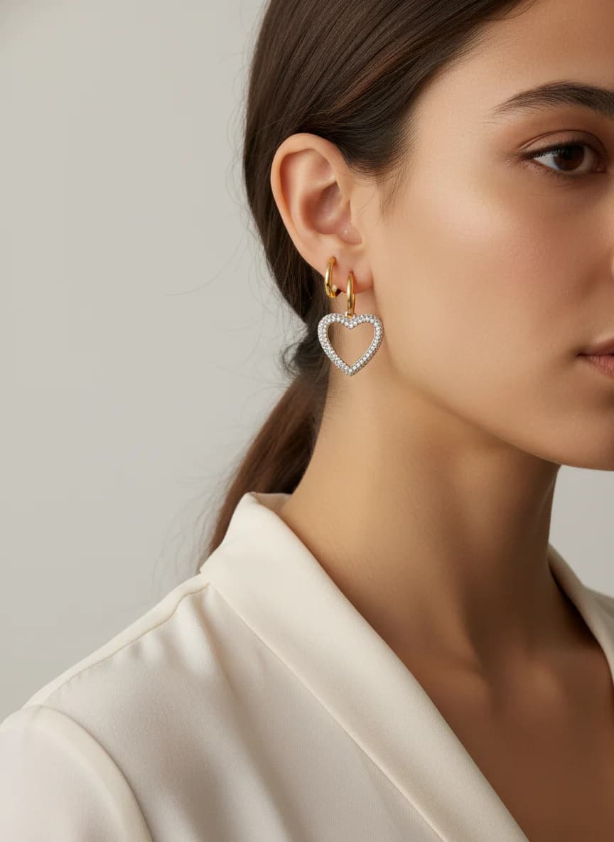 Asimetrik Kalp Zirkon ve Halka Altın Renk Küpe Seti