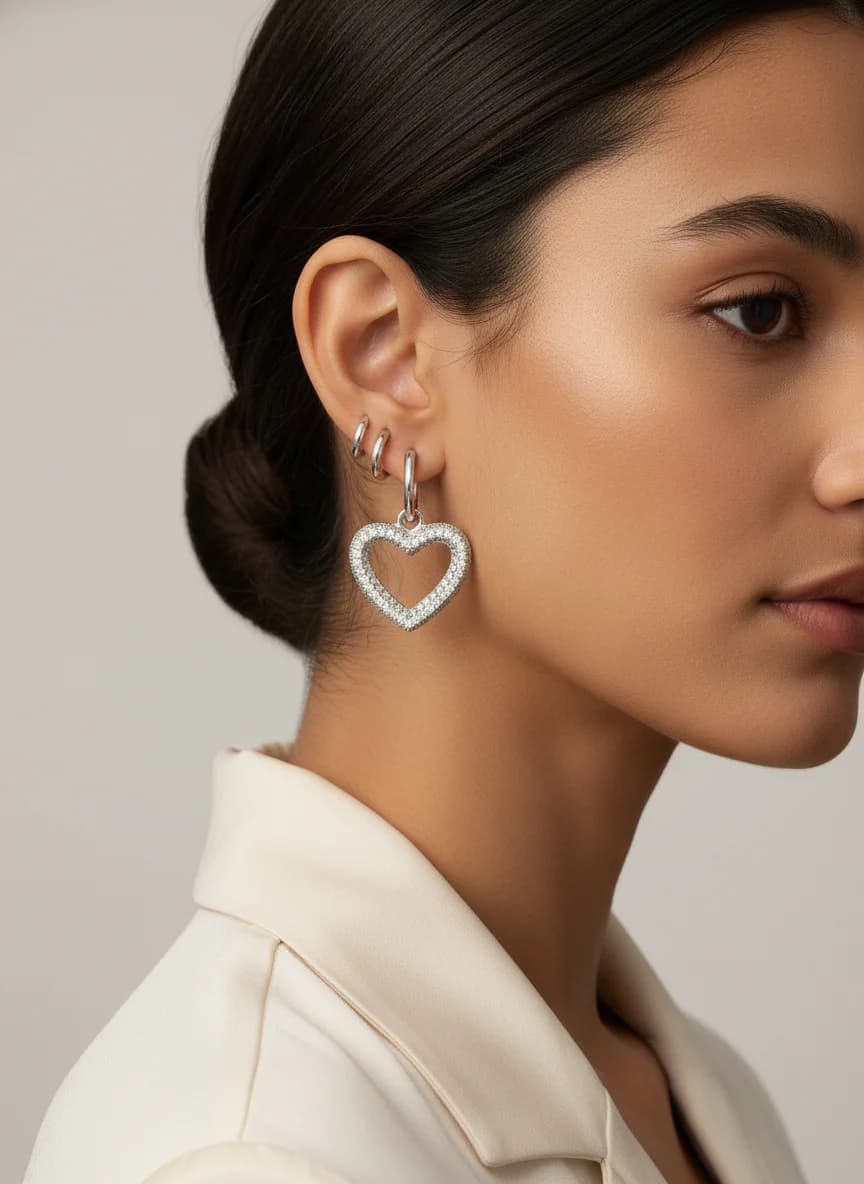 Zirkon Taşlı Kalp ve Sade Halka Küpe Seti Gümüş