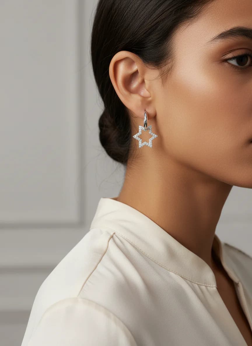 Gümüş Rengi Zirkon Taşlı Yıldız Halkalı Küpe