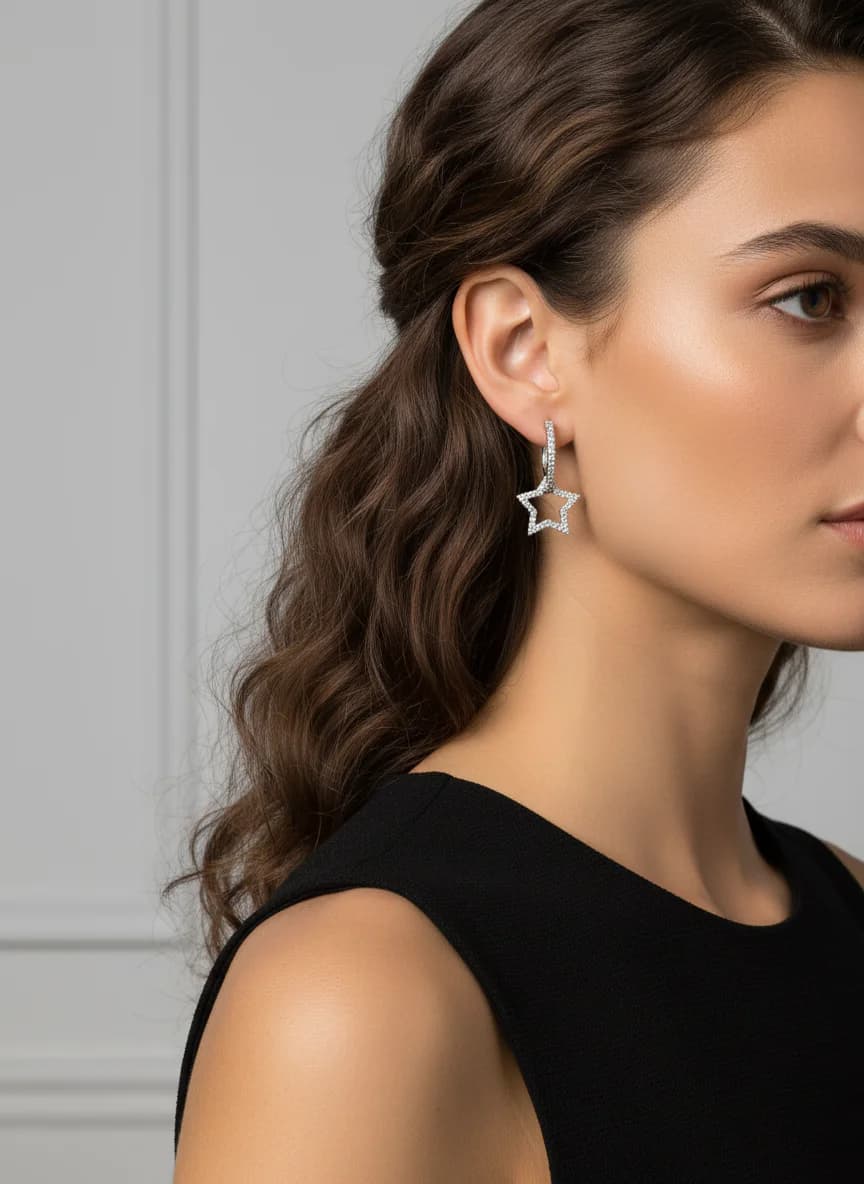 Zirkon Taşlı Yıldız Halka Küpe - Gümüş Rengi Şık Tasarım