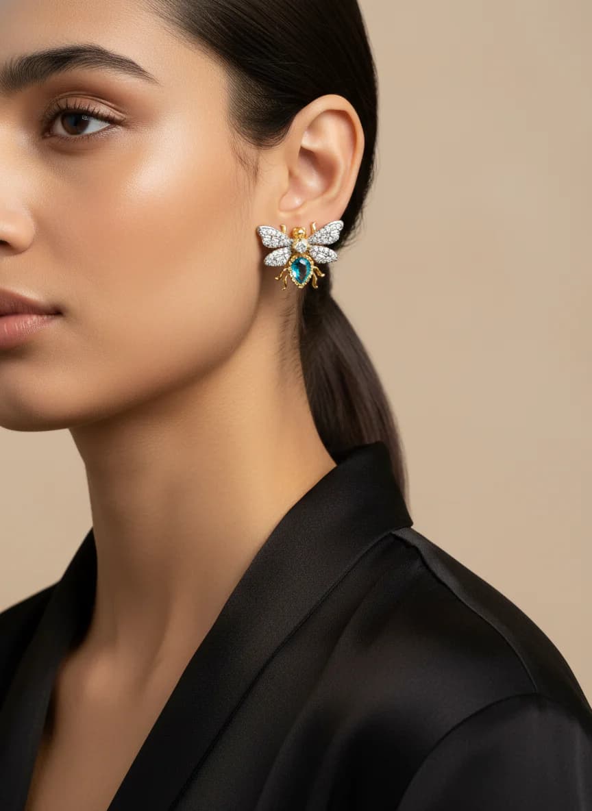 Mavi Taşlı Arı Küpe | Altın & Gümüş Rengi Zirkon Kadın Küpesi