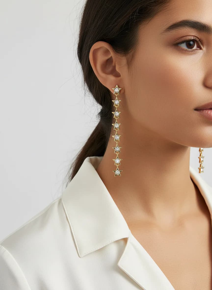 Şık Altın Rengi Yıldız Zirkon Taşlı Uzun Sallantılı Küpe