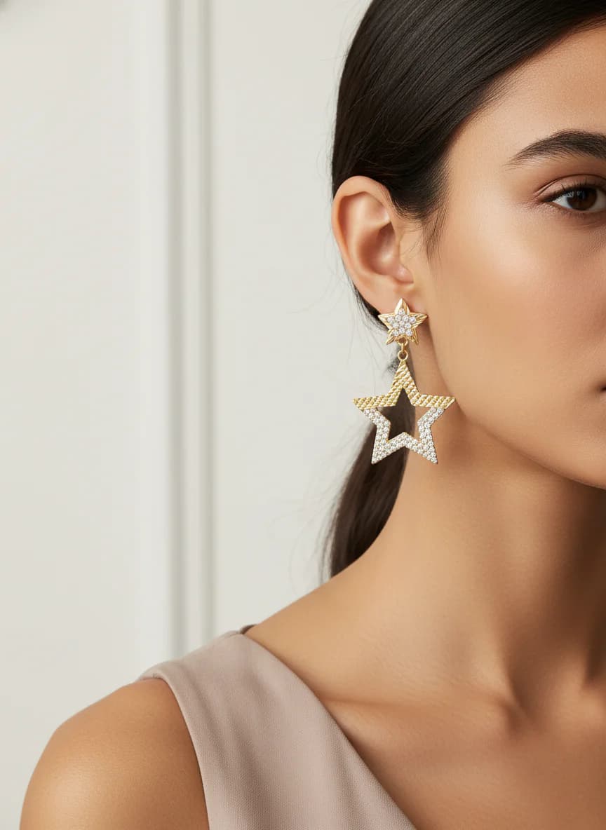 Işıltılı Yıldız Taşlı Sallantılı Altın Rengi Küpe