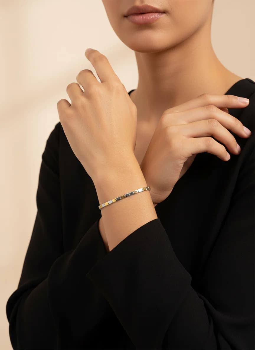 İki Renkli Kare Bağlantılı Çelik Bileklik