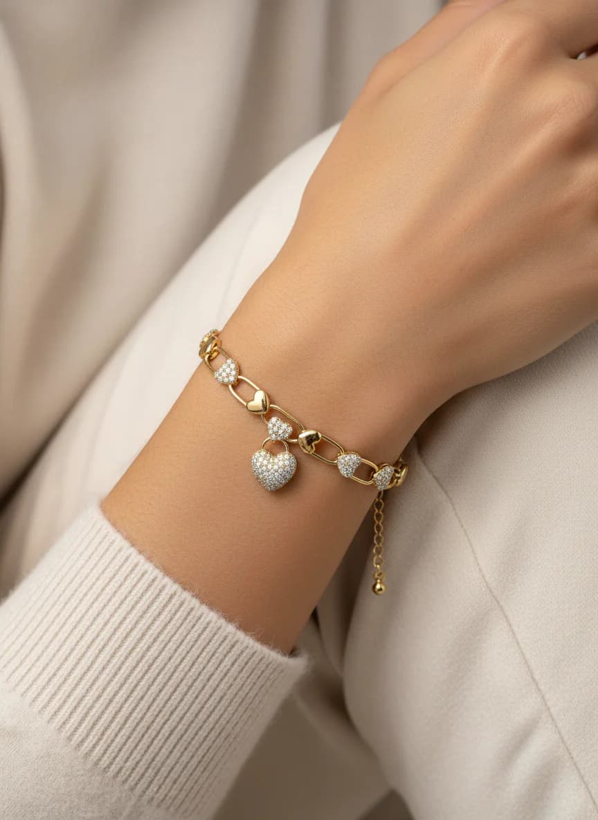 Altın Rengi Kalpli Zirkon Taşlı Zincir Bileklik