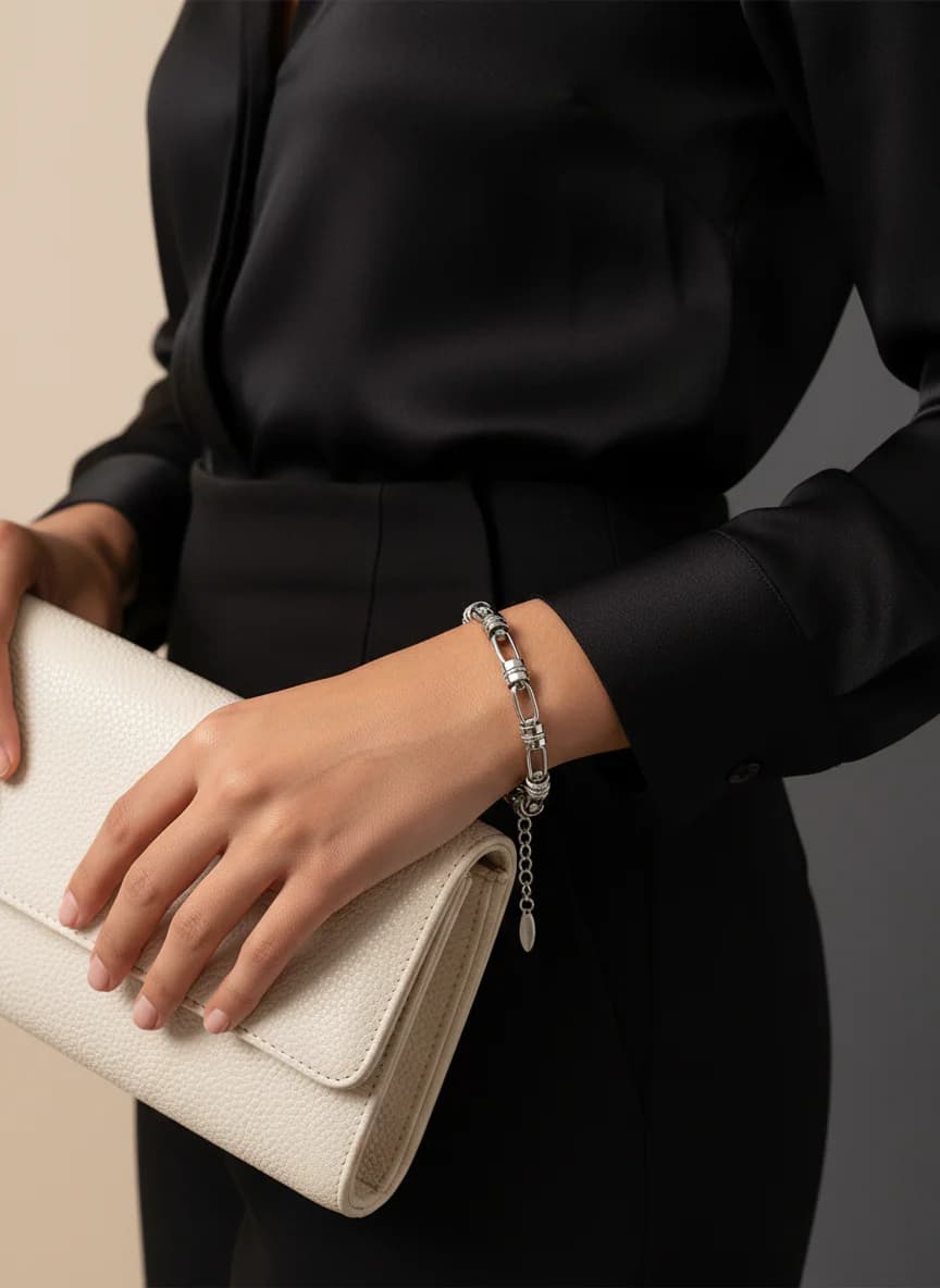 Gümüş Rengi Kalın Modern Zincir Bileklik - Çelik