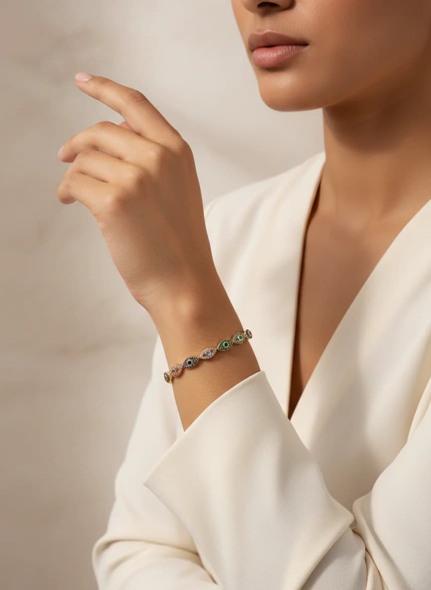 Renkli Taşlı Altın Rengi Nazar Boncuğu Şans Bilekliği