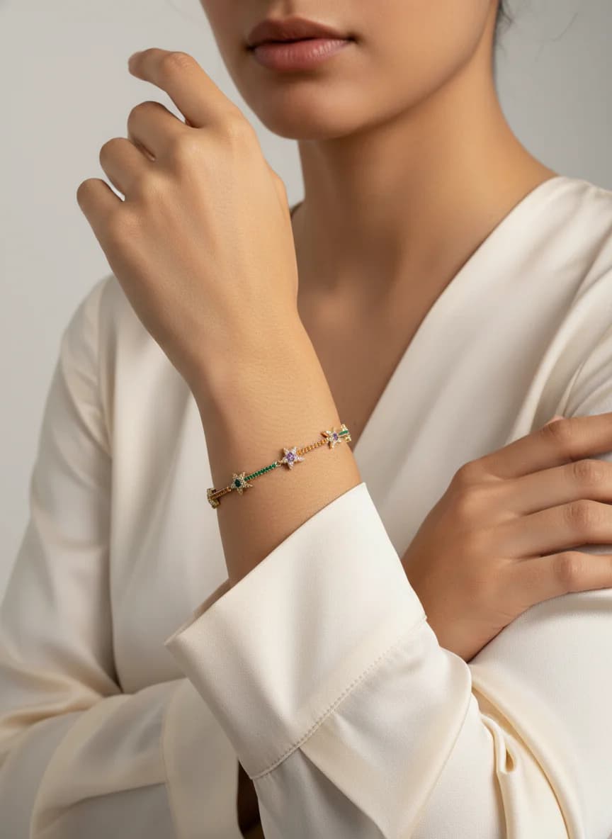 Altın Rengi Yıldız Taşlı Renkli Zirkon Bileklik