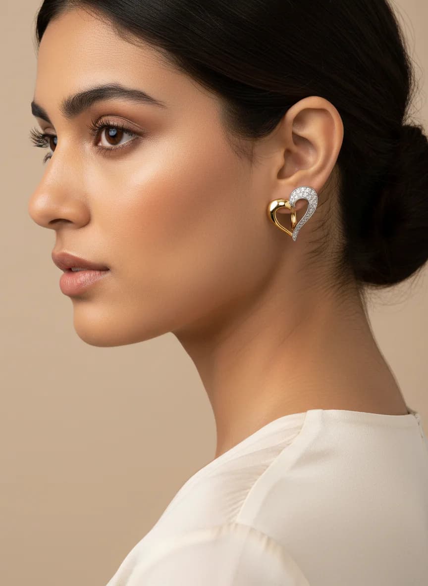 İki Renkli Pırlanta Görünümlü Zirkon Kalp Küpe