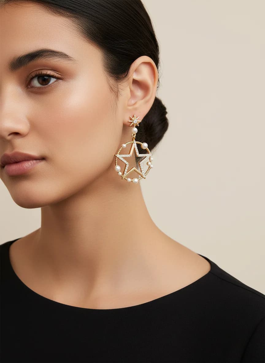 Altın Rengi İnci ve Taşlı Yıldız Sallantılı Küpe