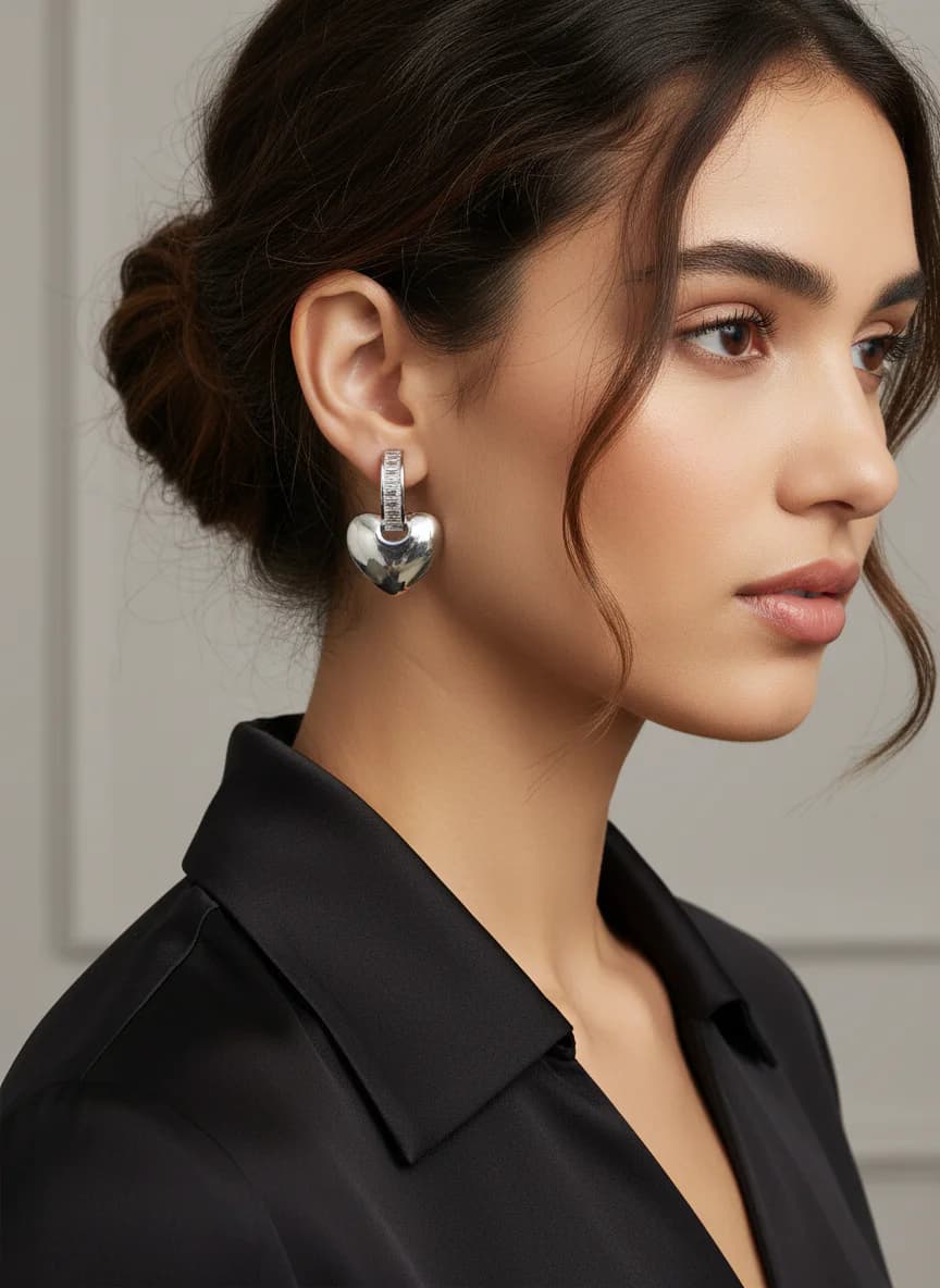 Baget Taşlı Kalp Sallantılı Gümüş Rengi Küpe