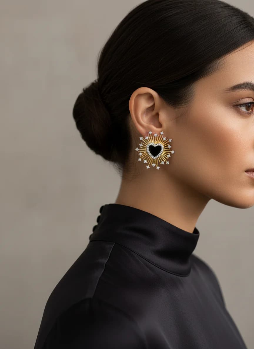 Işıltılı Kalp Zirkon Taşlı Altın Rengi Küpe