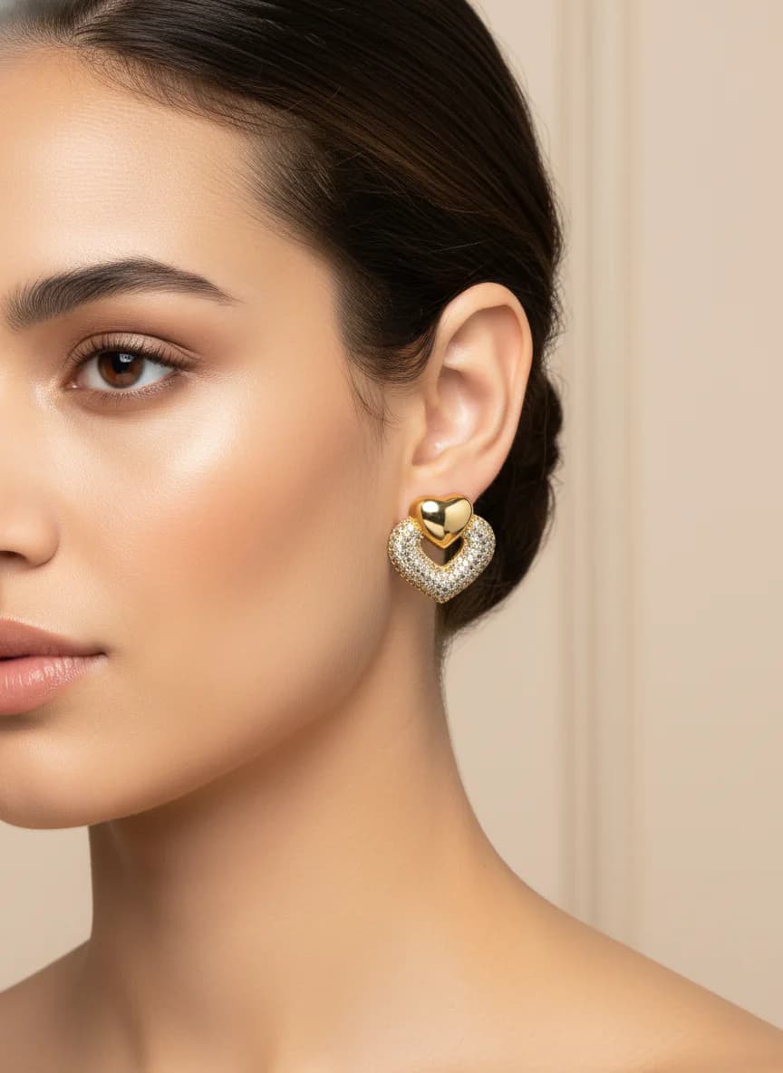 Altın Rengi Zirkon Taşlı İkili Kalp Küpe - Şık Kadın