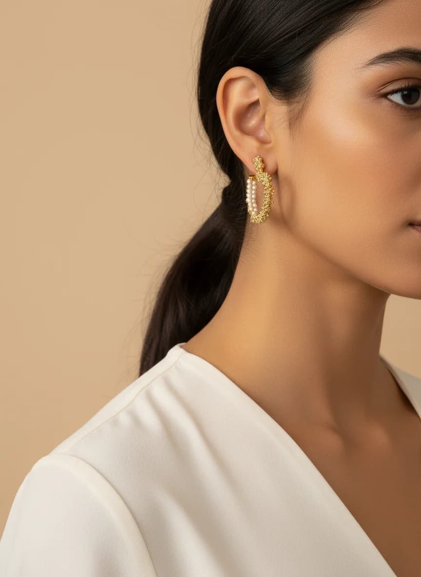 Altın Rengi Kalp Halka Küpe İnci Detaylı