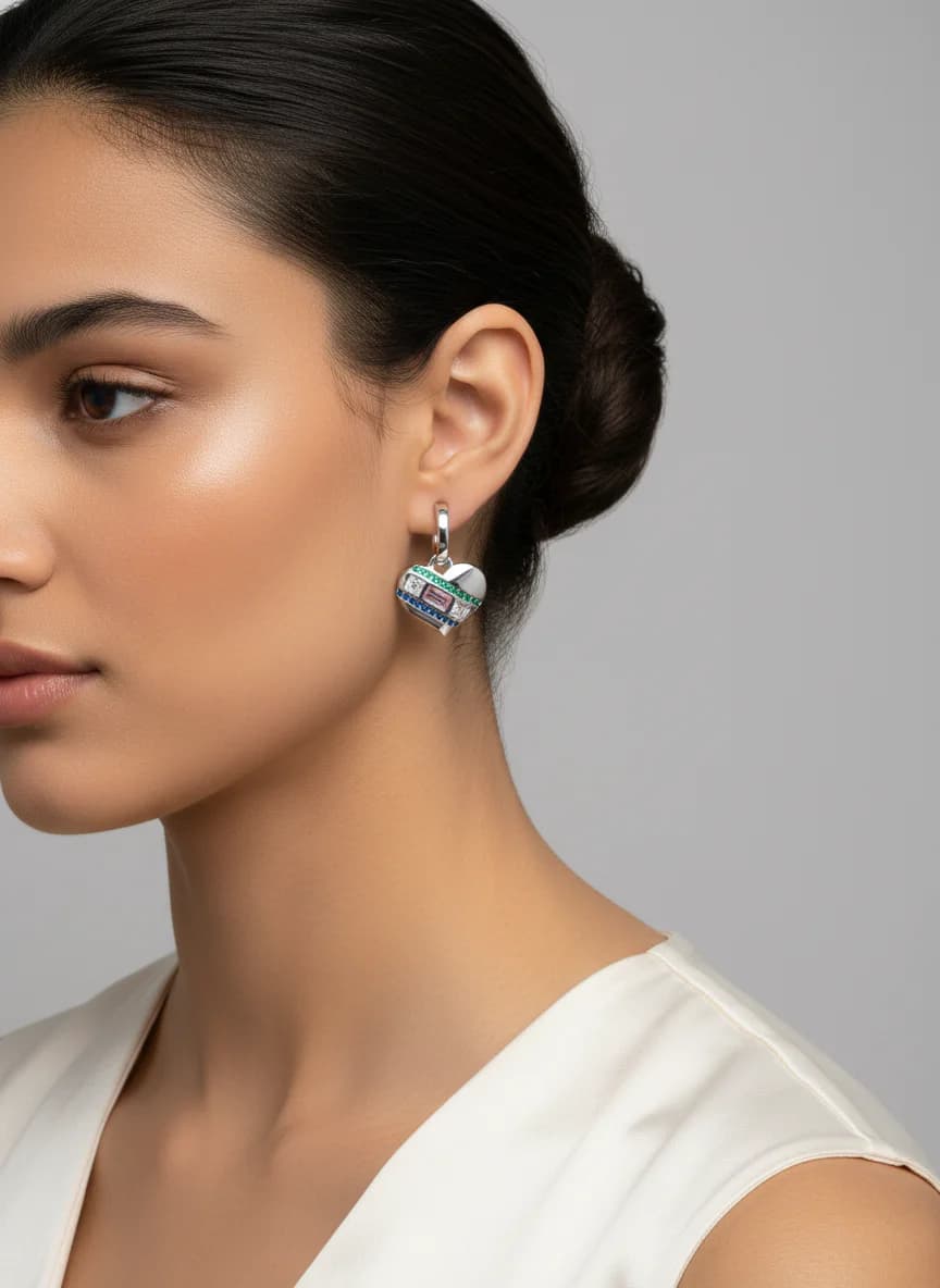 Renkli Taşlı Gümüş Kalp Halka Küpe