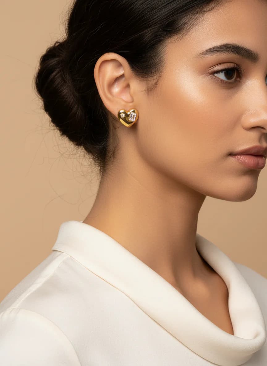 Altın Rengi Kalp Taşlı Zirkon Küpe