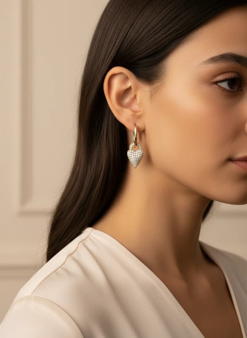 Altın Rengi Kalp Zirkon Taşlı Sallantılı Kadın Küpe