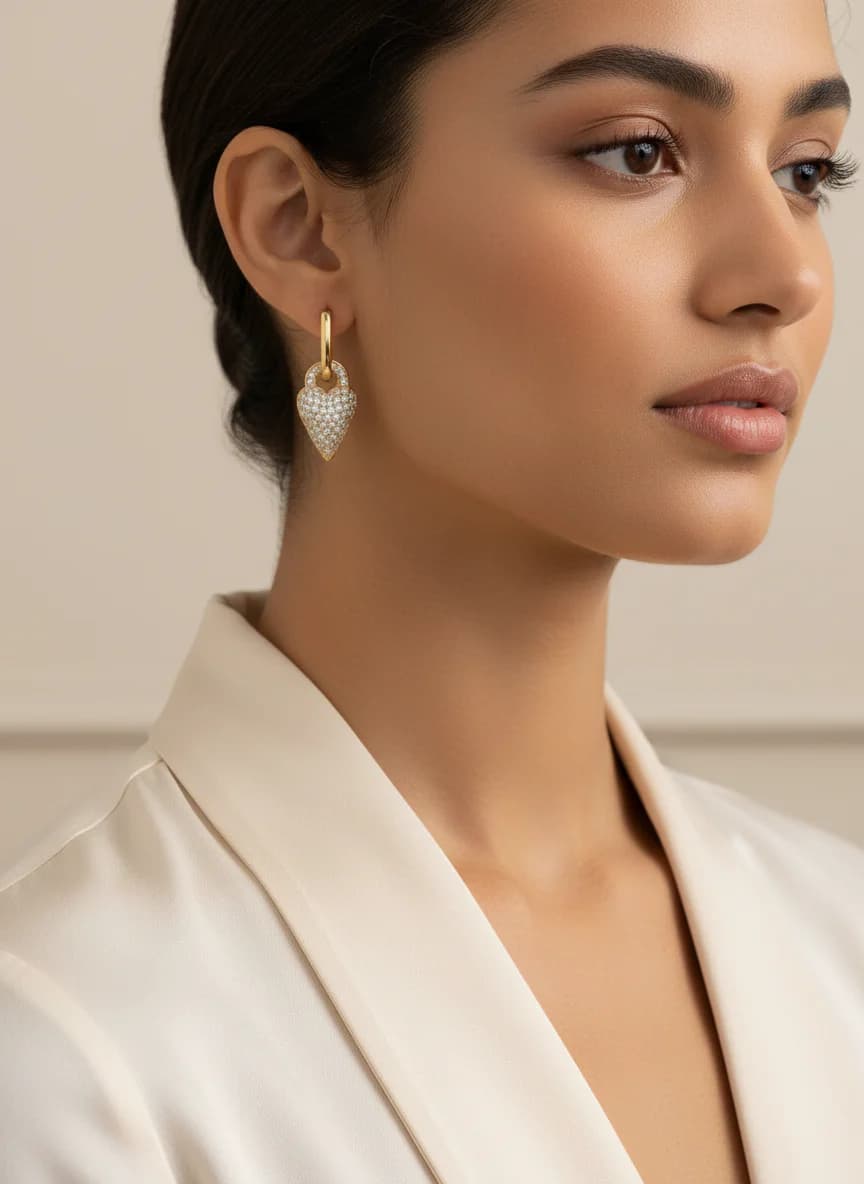 Altın Rengi Kalp Zirkon Taşlı Şık Hoop Küpe