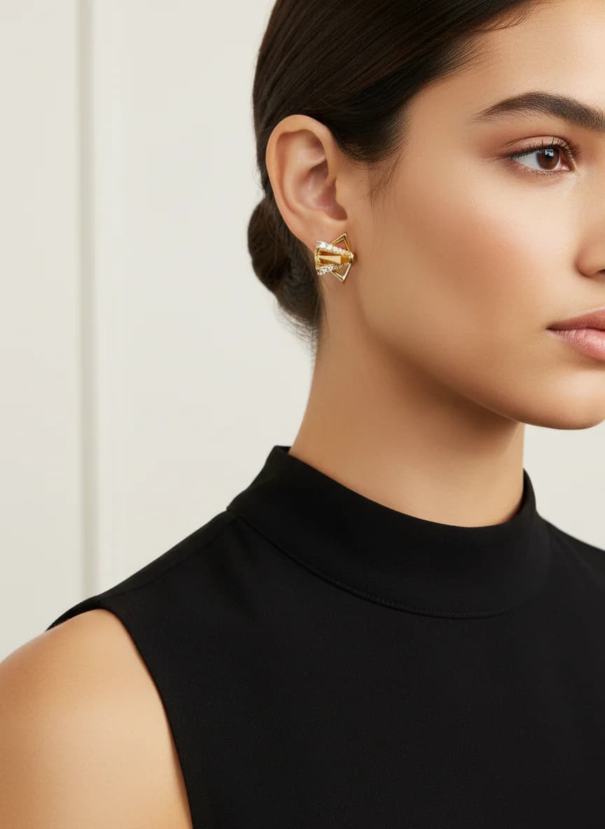 Şık Geometrik Altın Rengi Zirkon Taşlı Küpe