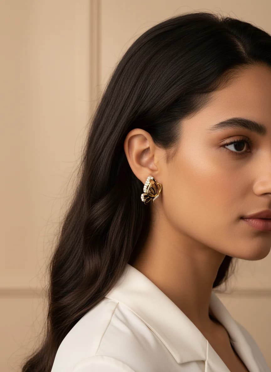 Zarif Kelebek Figürlü Siyah Taşlı Altın Rengi Kadın Küpe