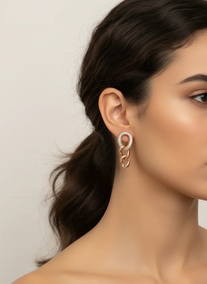 Zirkon Taşlı Altın Rengi Zincir Detaylı Şık Sallantılı Küpe