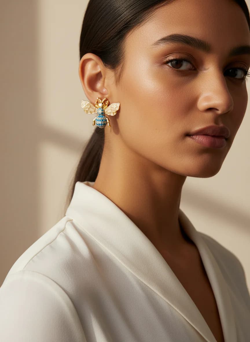 Arı Figürlü Emaye ve Taşlı Altın Rengi Kadın Küpe