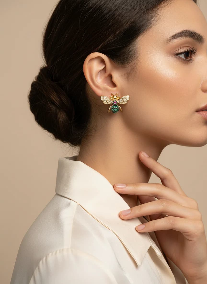 Taşlı Arı Figürlü Gold Renk Şık Kadın Küpe