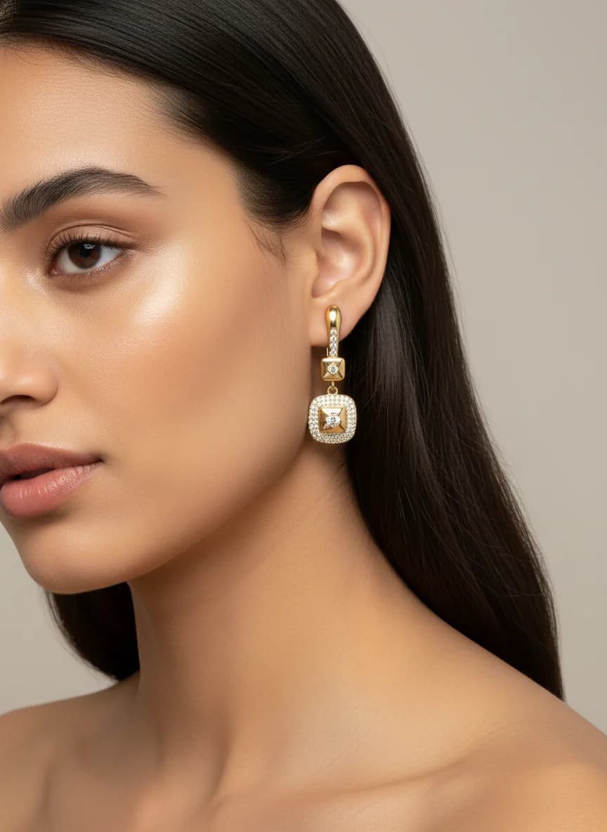 Zarif Altın Rengi Zirkon Taşlı Sallantılı Kare Küpe