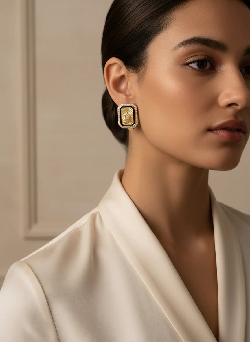 Altın Rengi Klipsli Yıldız Taşlı Dikdörtgen Küpe