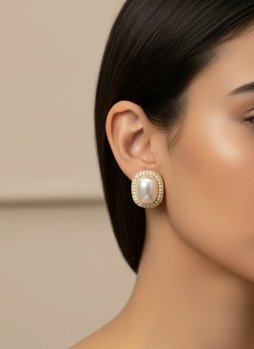 Altın Rengi Oval İnci ve Zirkon Taşlı Şık Küpe