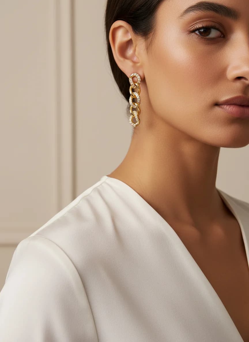 Altın Renk Taşlı Zincir Model Sallantılı Küpe