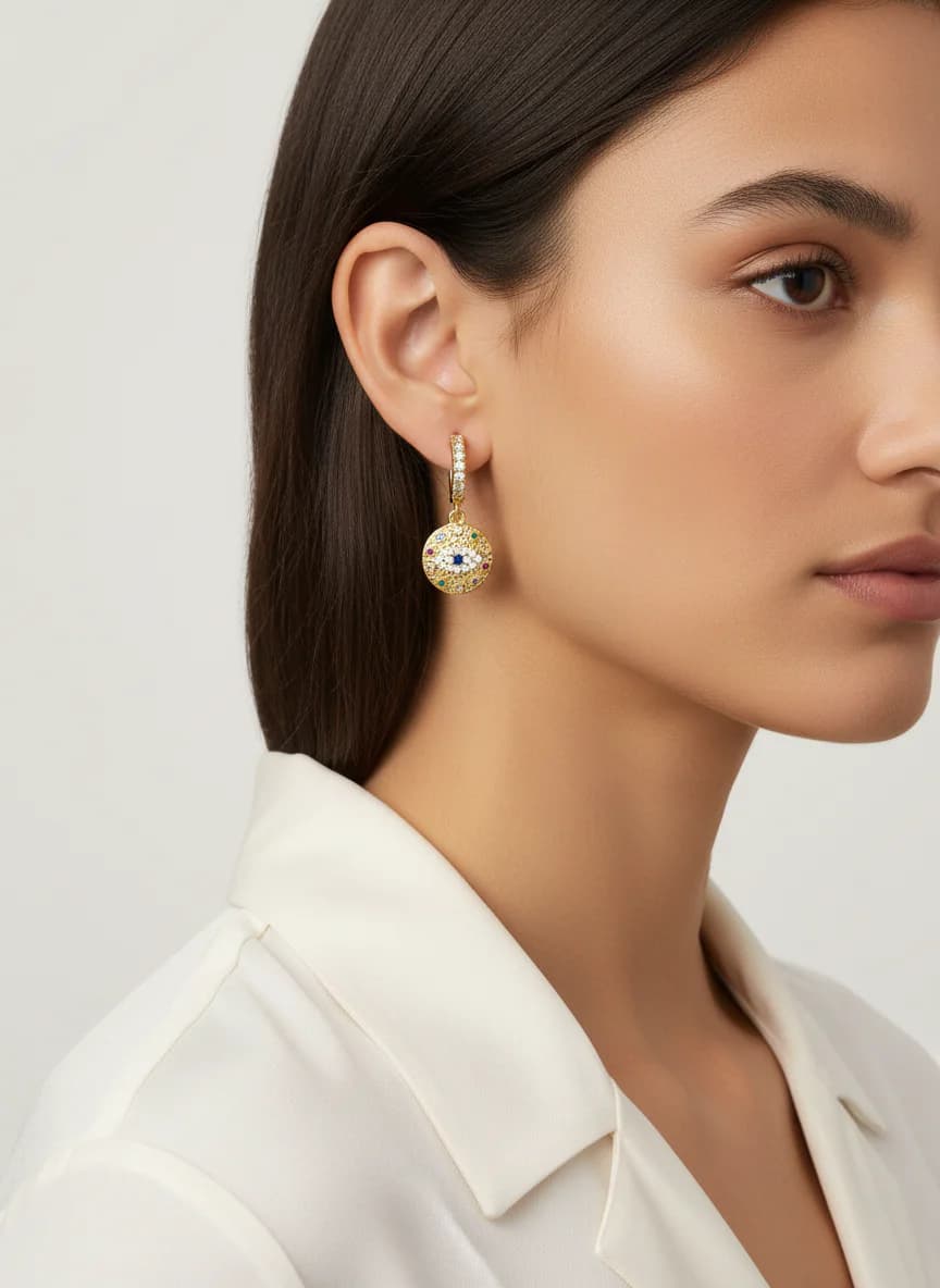 Altın Renk Nazar Boncuğu Zirkon Taşlı Halkalı Küpe