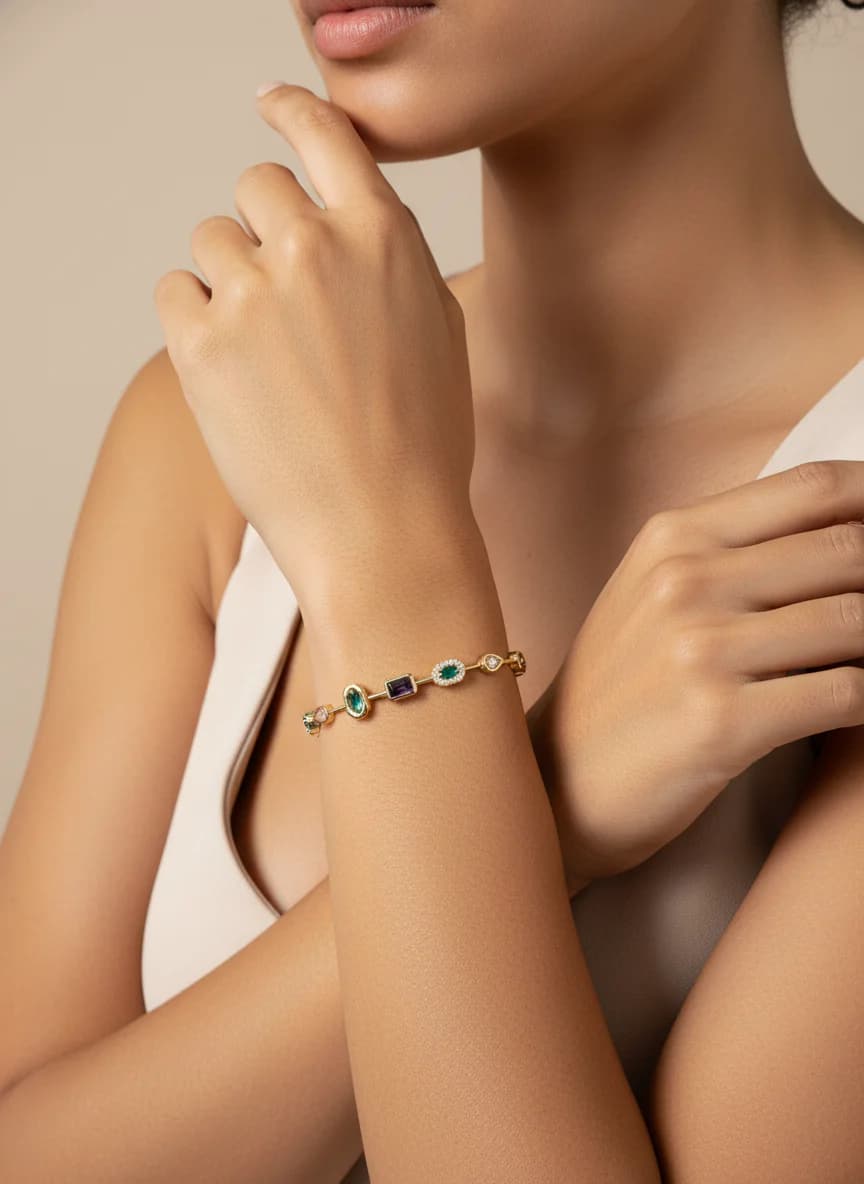 Zarif Altın Kaplama Renkli Taşlı Özel Tasarım Bileklik