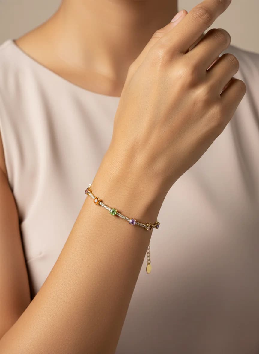 Şık Renkli Zirkon Taşlı Gold Kaplama Bileklik