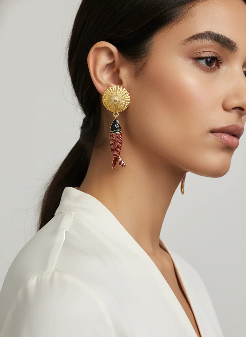 Altın Rengi Balık Figürlü Sallantılı Kadın Küpe