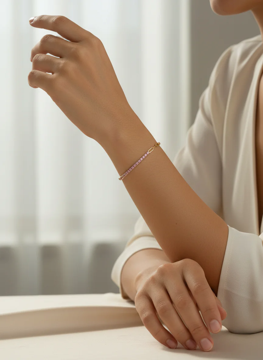 Altın Rengi Pembe Taşlı Zincir Kombin Kadın Bileklik