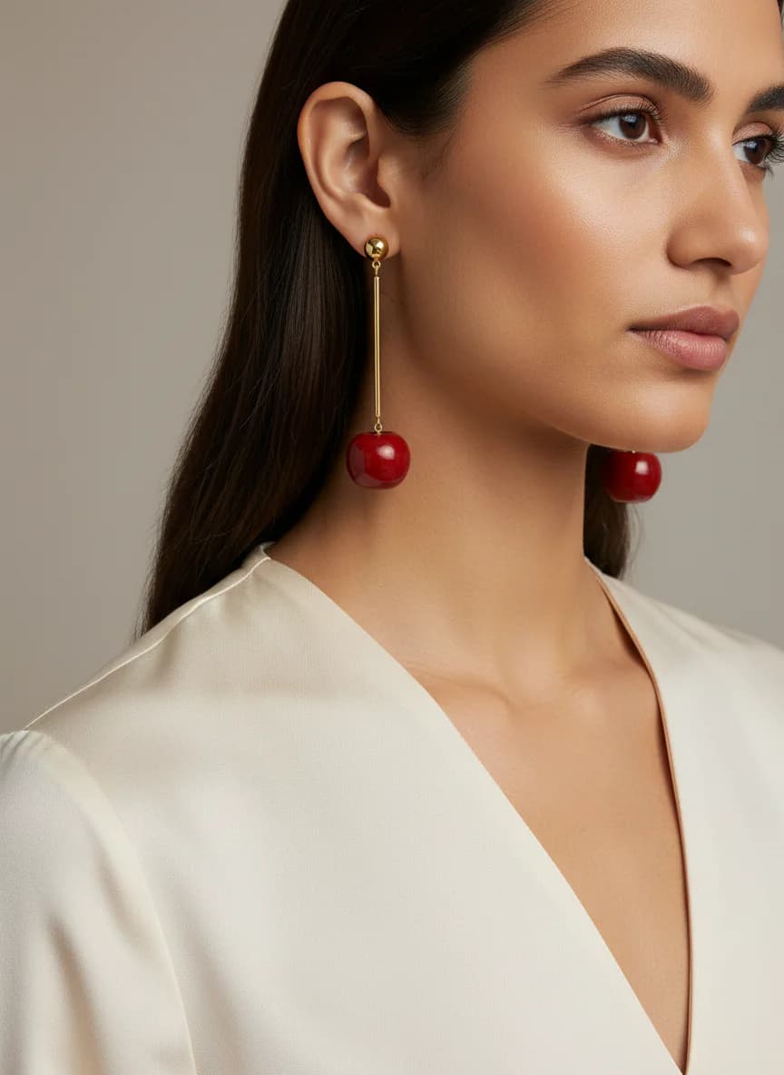 Kırmızı Kiraz Detaylı Altın Rengi Sallantılı Küpe