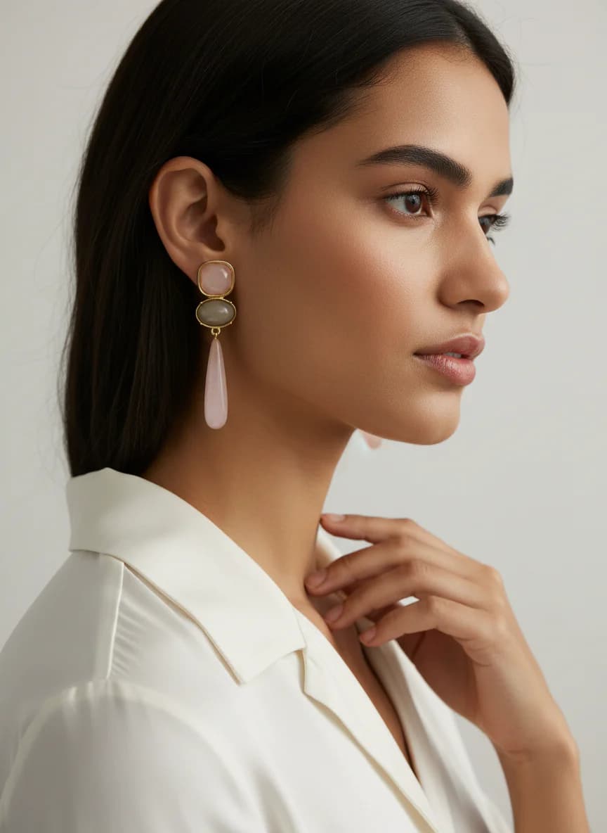 Altın Renk Pembe Gri Taşlı Uzun Damla Kadın Küpe