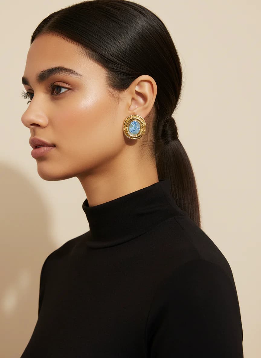 Altın Rengi Mavi Mermer Desenli Zarif Tasarım Küpe