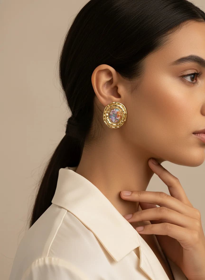 Altın Rengi Dalgalı Çerçeveli Çok Renkli Tasarım Küpe