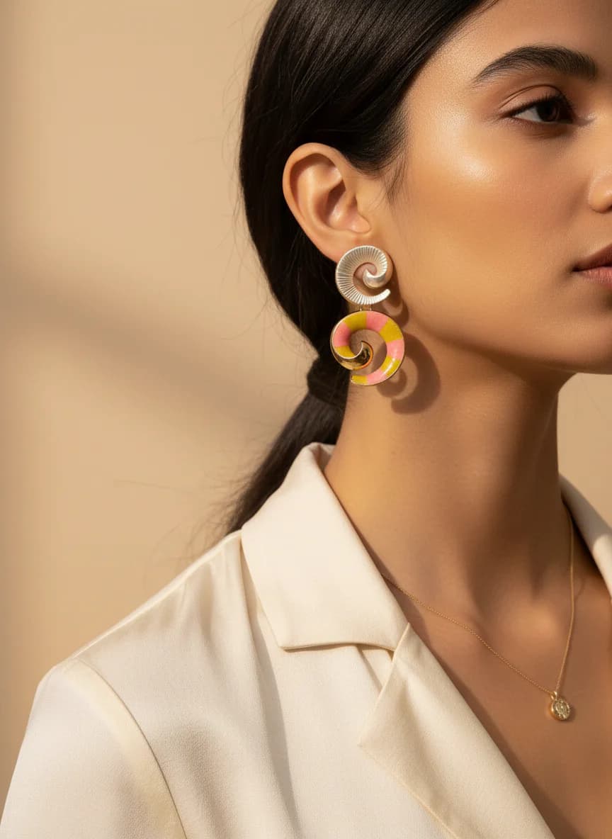 Altın Rengi İki Katlı Spiral Pembe Sarı Emaye Küpe