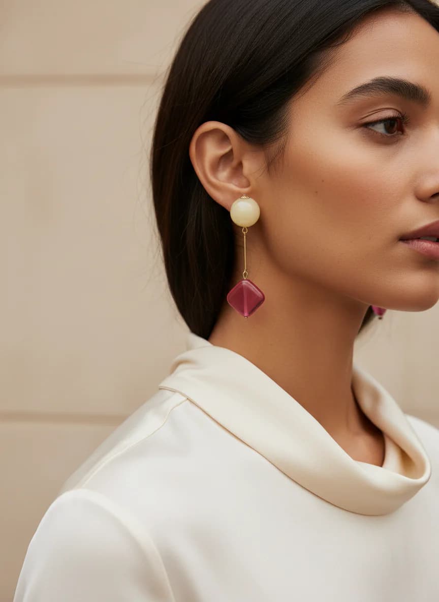 Modern Sarı Pembe Boncuklu Altın Renk Sallantılı Küpe