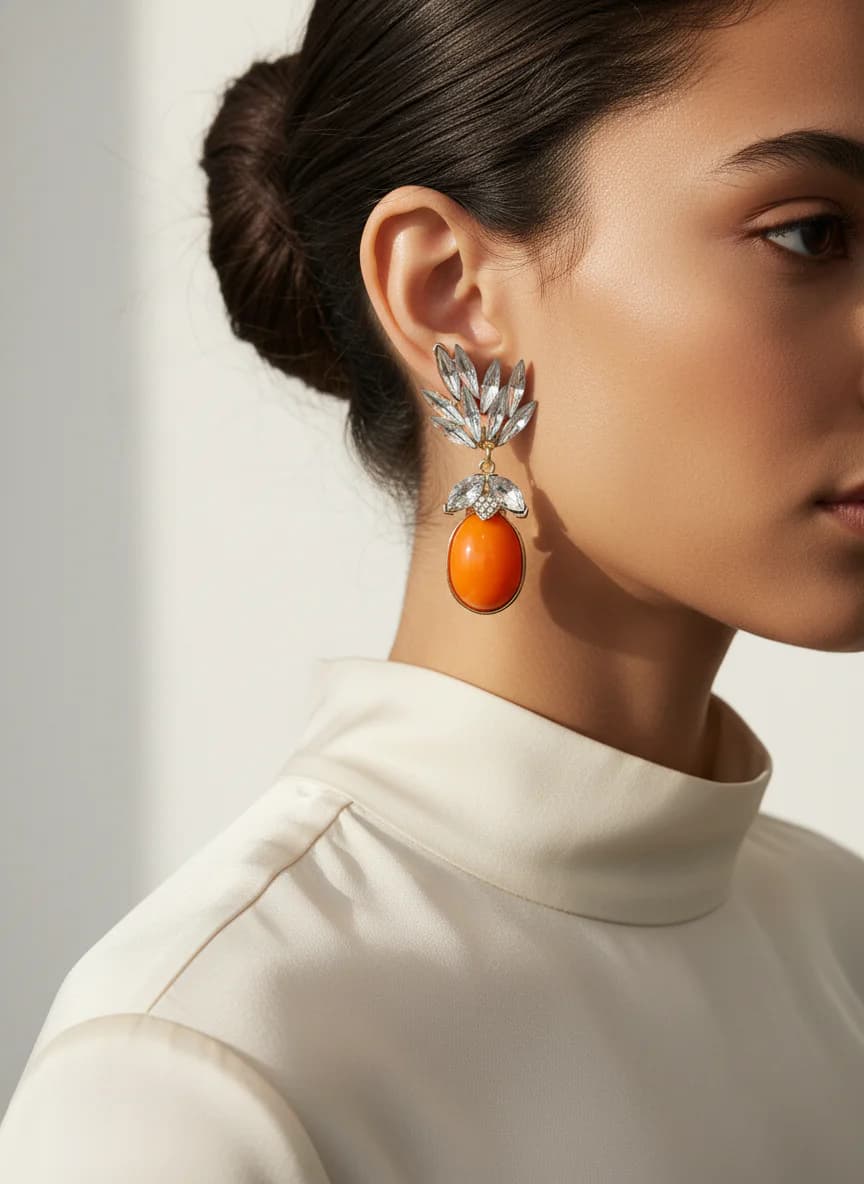 Turuncu Damla Kristal Taşlı Altın Rengi Şık Sarkıt Küpe