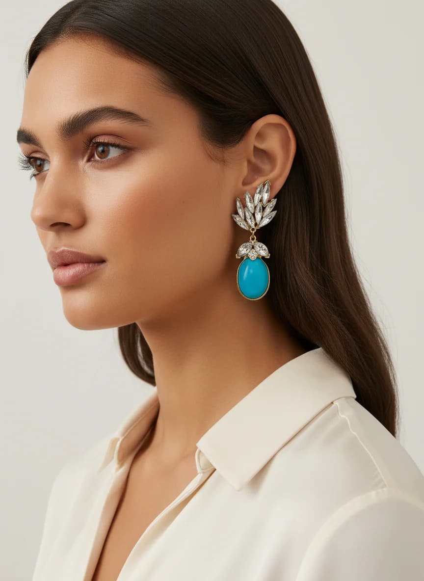 Mavi Damla Kristal Taşlı Altın Rengi Şık Sarkıt Küpe