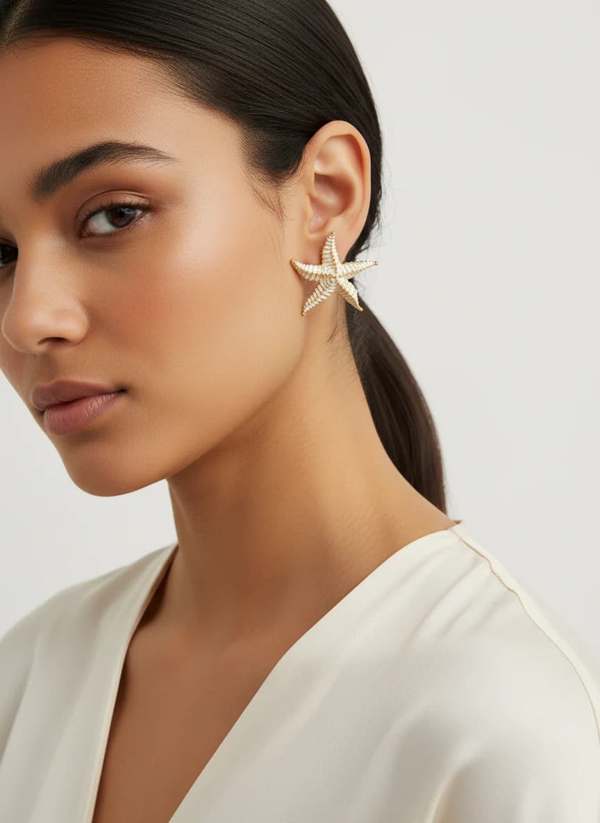 Beyaz Altın Detaylı Deniz Yıldızı Küpe