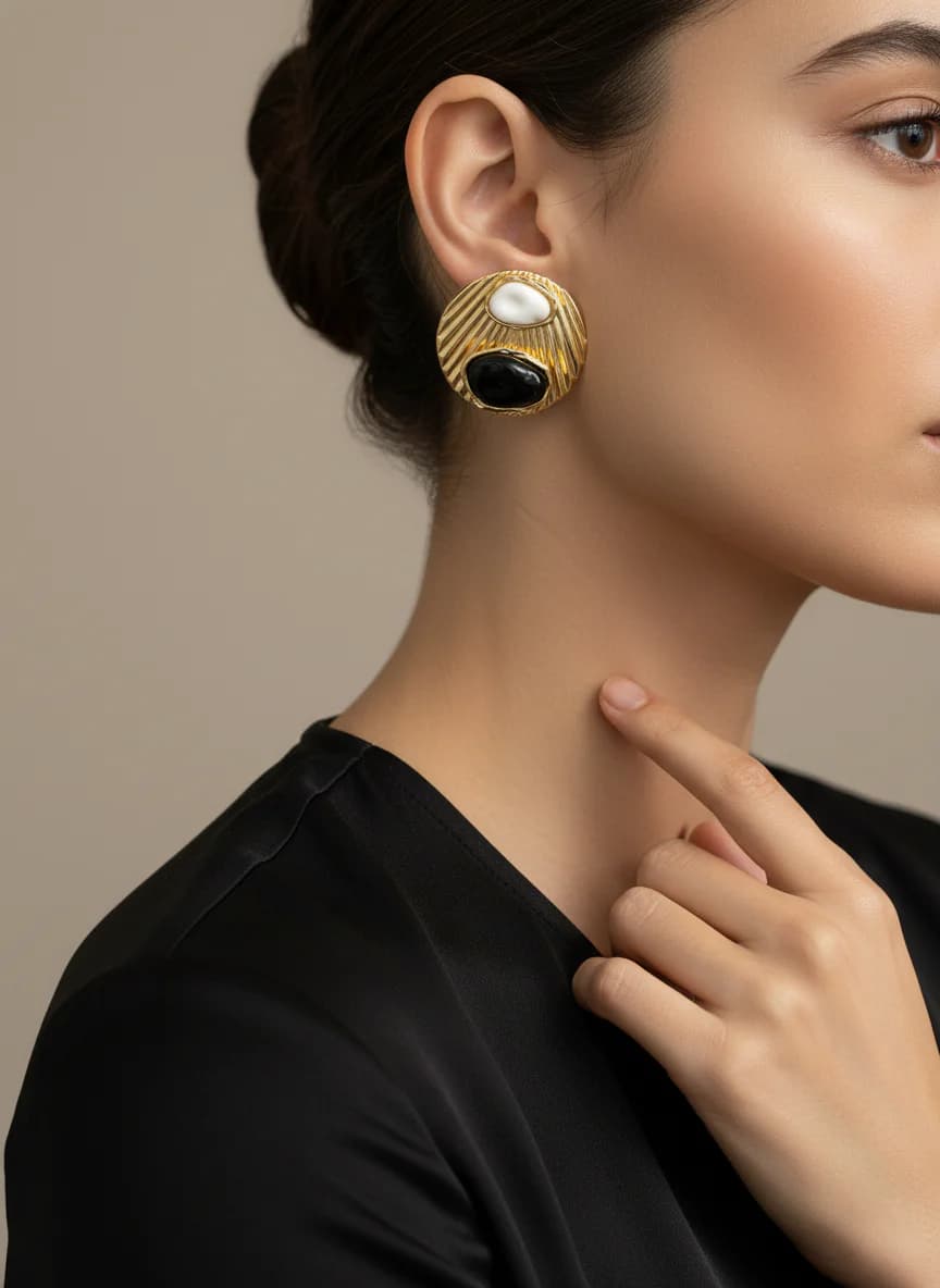 Altın Rengi Beyaz Siyah Taşlı Çizgili Kadın Küpesi