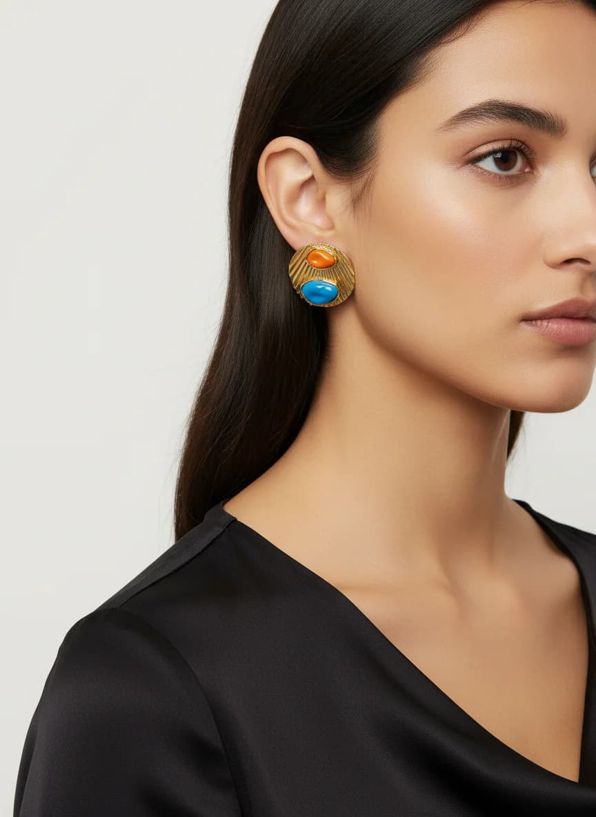 Altın Renk Turuncu Mavi Kaboşon Taşlı Tasarım Küpe